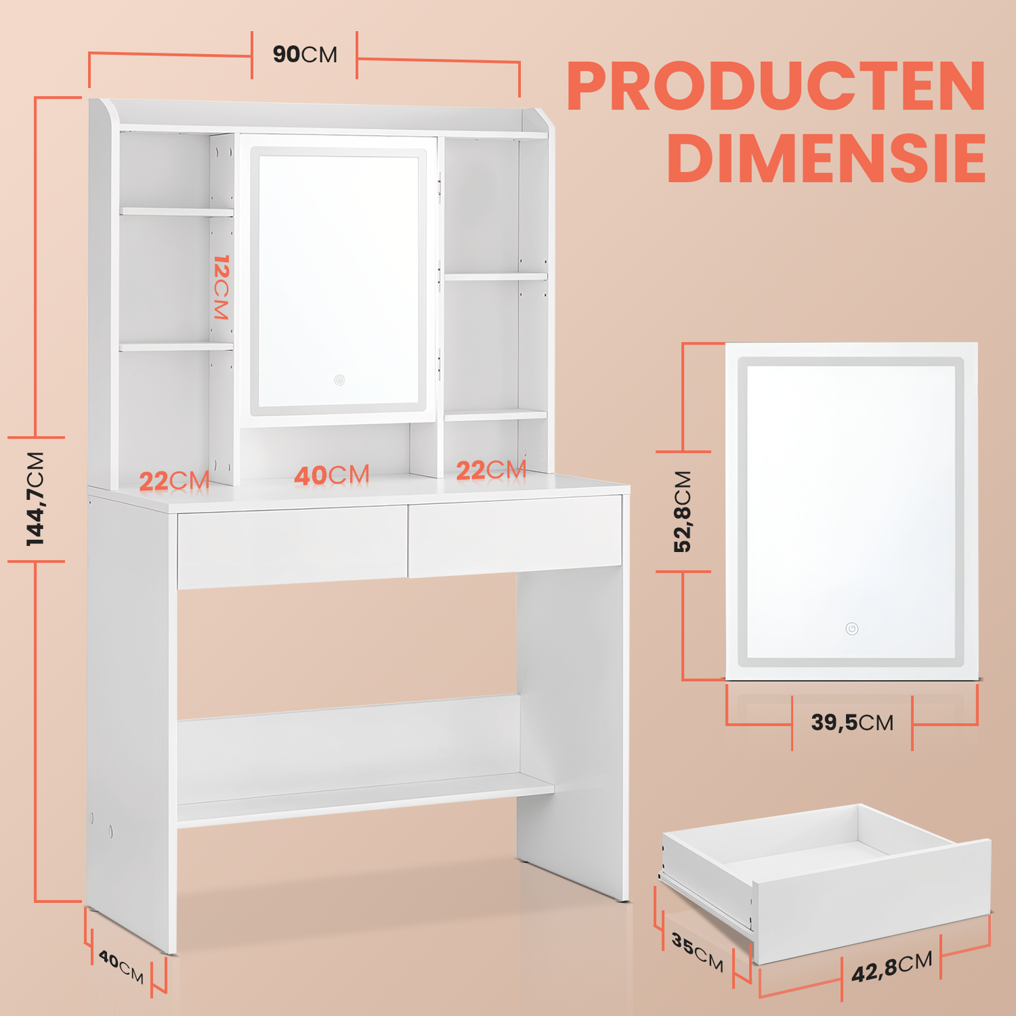 Witte Make-up tafel met Instelbare LED Verlichting