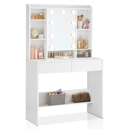 Witte Make-up tafel met Instelbare LED Verlichting 9 bulbs