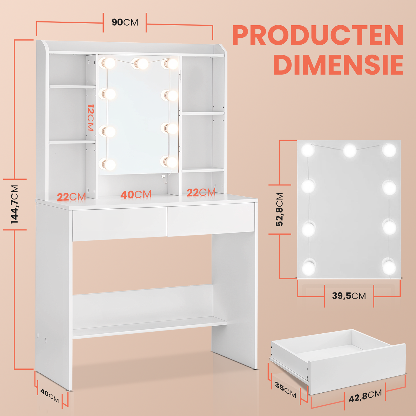 Witte Make-up tafel met Instelbare LED Verlichting 9 bulbs