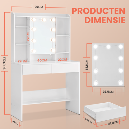 Witte Make-up tafel met Instelbare LED Verlichting 9 bulbs