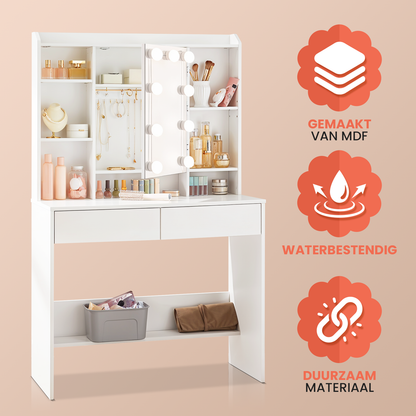 Witte Make-up tafel met Instelbare LED Verlichting 9 bulbs