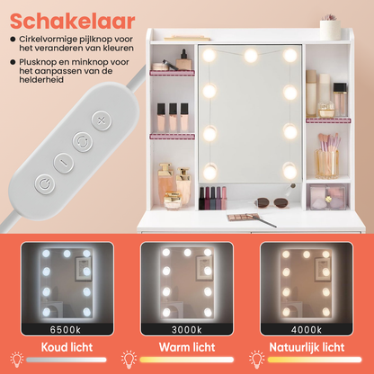 Witte Make-up tafel met Instelbare LED Verlichting 9 bulbs