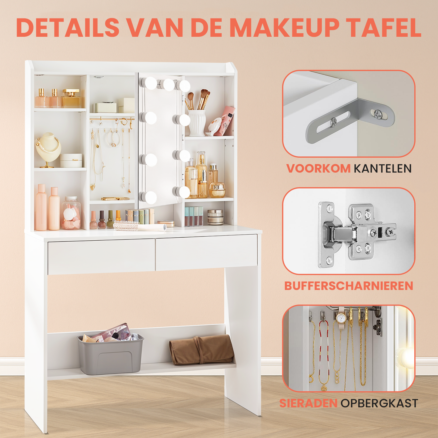 Witte Make-up tafel met Instelbare LED Verlichting 9 bulbs