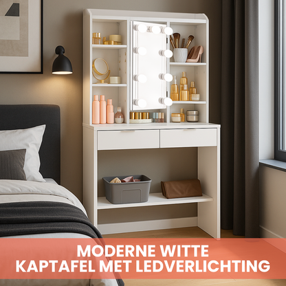 Witte Make-up tafel met Instelbare LED Verlichting 9 bulbs