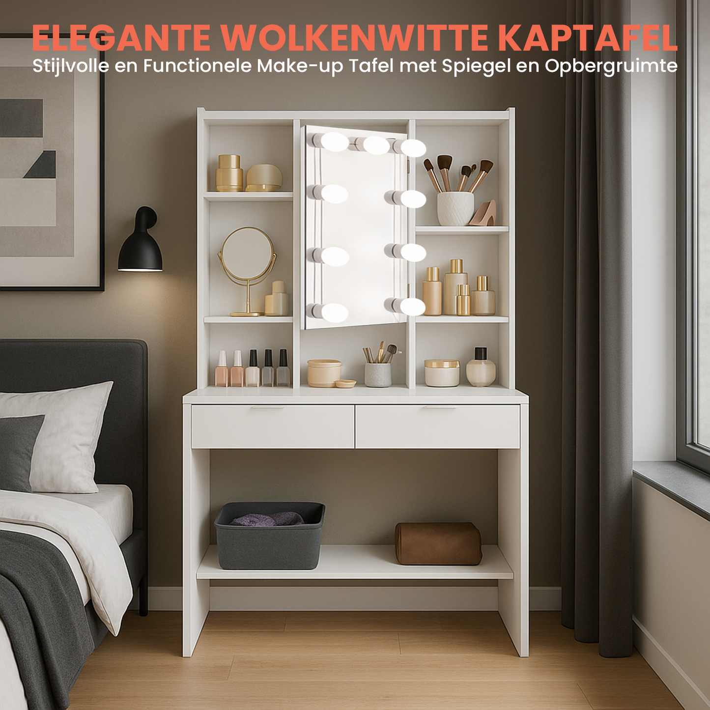 Witte Make-up tafel met Instelbare LED Verlichting 9 bulbs